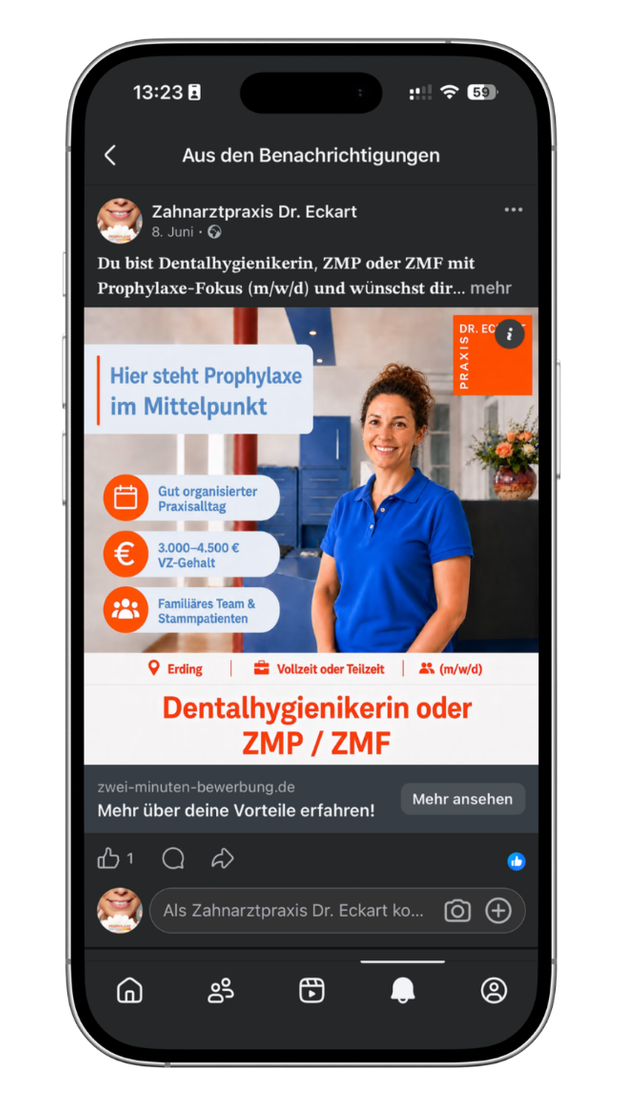 Facebook Recruiting-Anzeige für eine Dentalhygienikerin bei Praxis Dr. Eckart