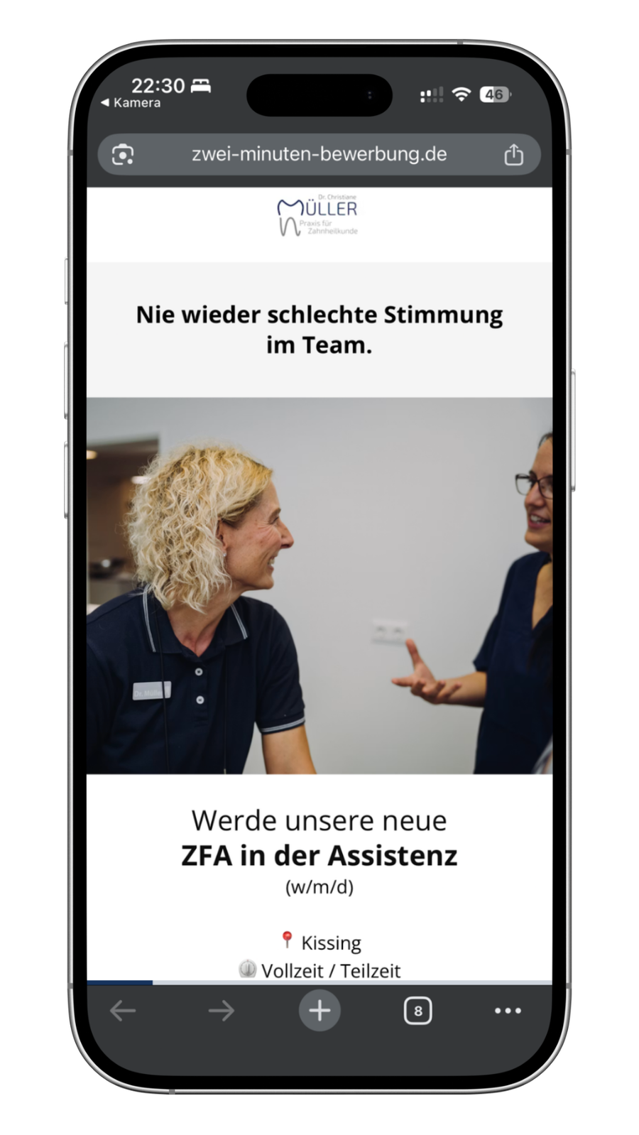 Recruiting-Kampagne der Praxis Dr. Müller für eine ZFA und zwei ZMP