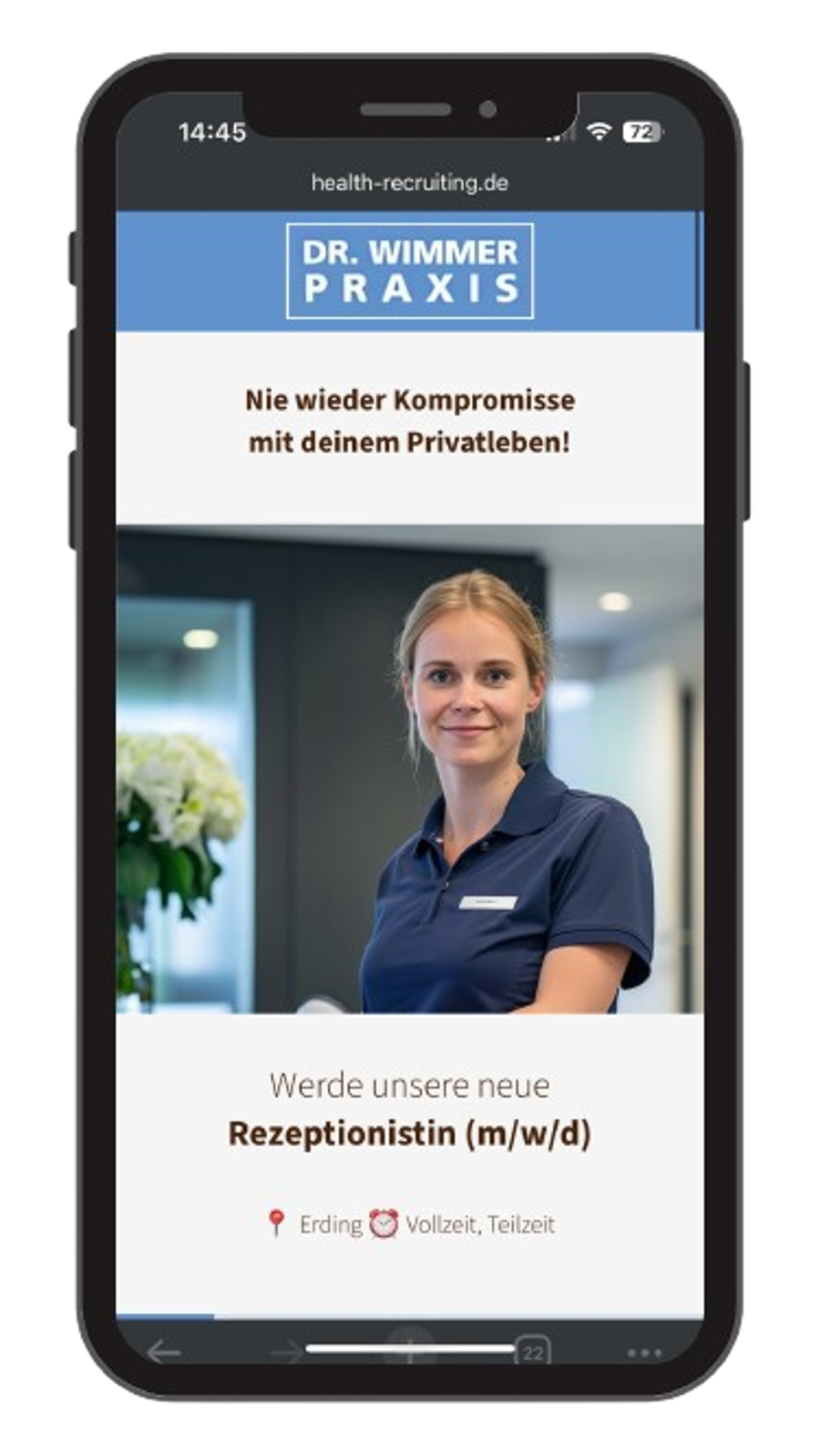 Mobile Recruiting-Kampagne der Praxis Dr. Wimmer für eine Rezeptionistin