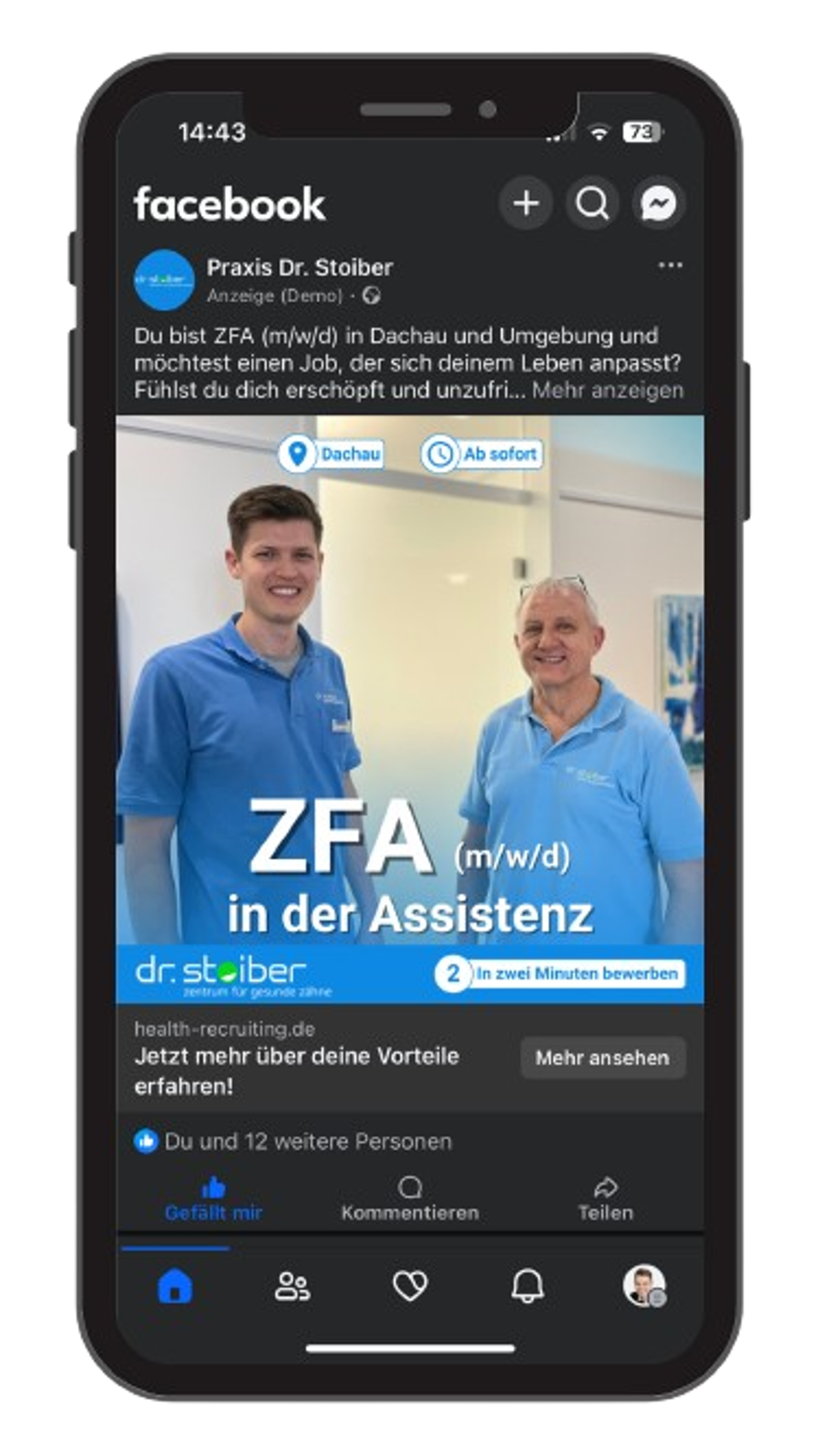 Facebook Recruiting-Anzeige für eine ZFA in der Assistenz